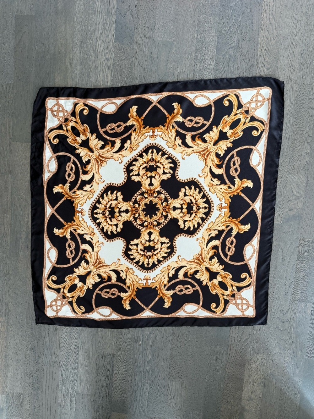 NWOT Black & Gold Baroque Print Satin Scarf 31” x 31” Costume Pirate Head Scarf